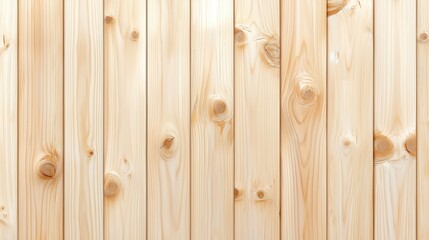 Fototapeta premium Close-up of a wooden wall featuring smooth light-colored planks. The natural grain and knots of the wood create a warm and inviting aesthetic for design and decoration.