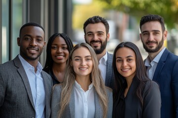 Obraz premium Team of multi-ethnic professionals smiling posing with confidence. Young and mature colleagues looking at camera cheerful expression. Group of office workers outside a startup business, Generative AI