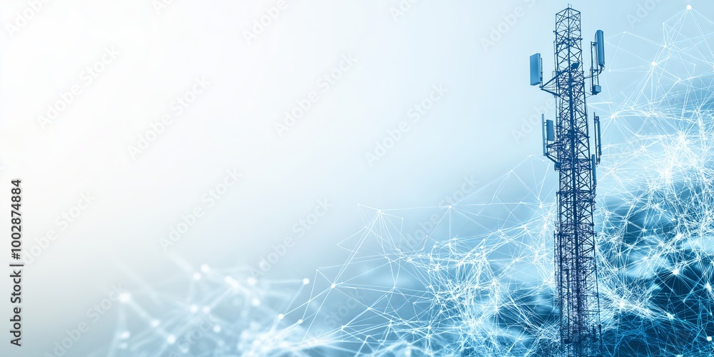 Poster telecommunication tower with glowing digital waves, symbolizing modern 5g technology, wireless commu