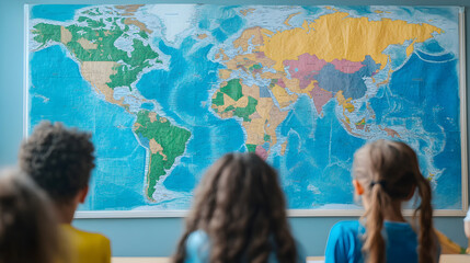 Students observe world map in classroom, showcasing global diversity
