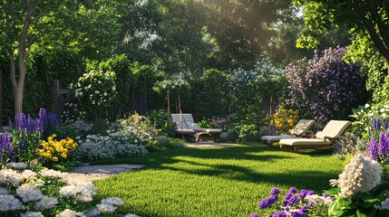 Obraz premium A lush green garden with a mix of small and large trees, white, purple, and yellow flowers blooming brightly. Lounge chairs and a swing add a touch of relaxation to the scene.