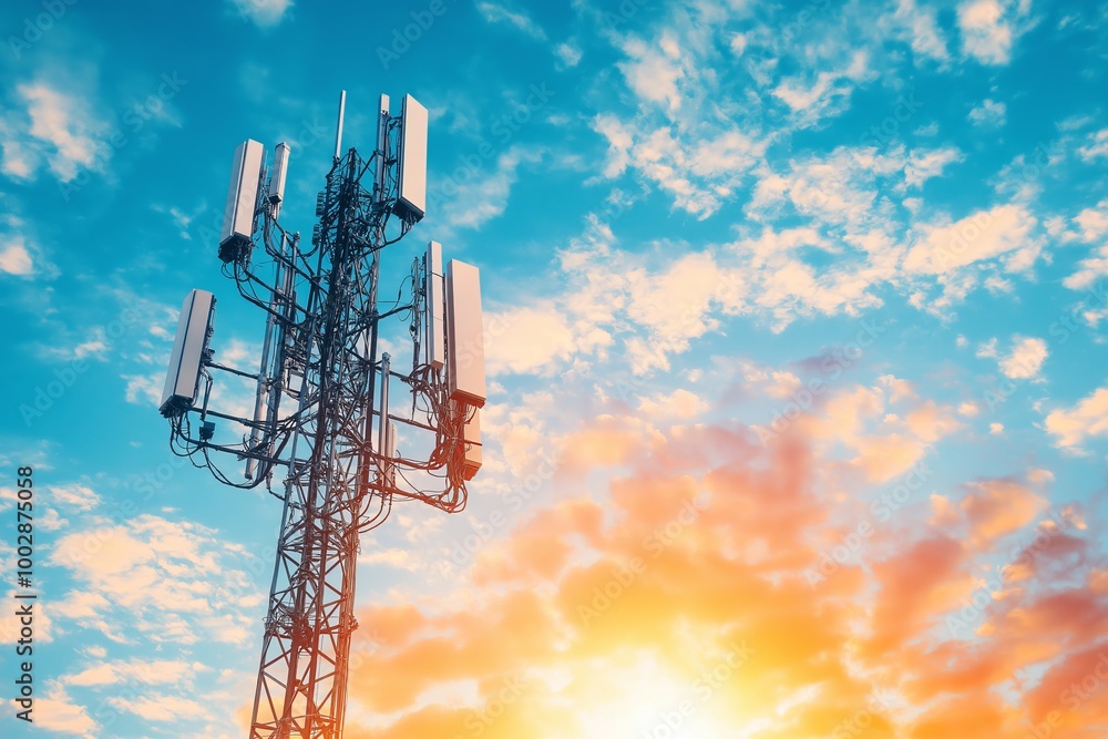 Aufkleber close-up of a 5g telecom tower, highlighting the advanced infrastructure of wireless communication, 