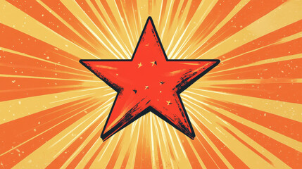 Fototapeta premium Vibrant red star radiating light against a bright orange background in a retro design