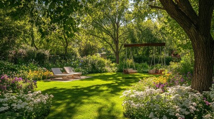 A lush, green garden with colorful flowers blooming--white, purple, and yellow. Large trees provide shade over lounge chairs and a wooden swing in this tranquil outdoor space.