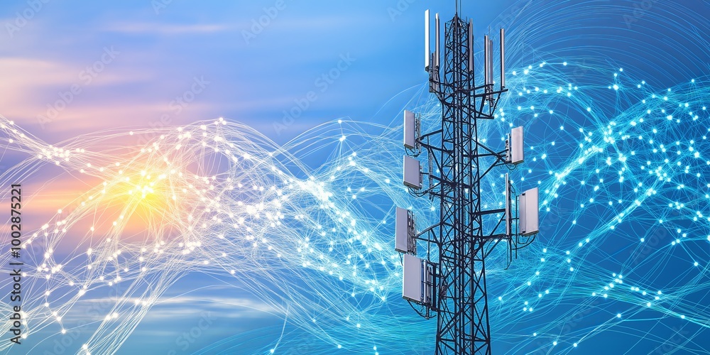 Poster telecommunication tower with glowing digital waves, symbolizing modern 5g technology, wireless commu