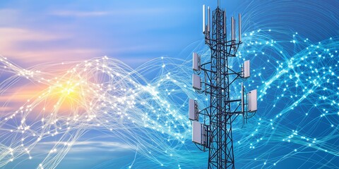 Telecommunication tower with glowing digital waves, symbolizing modern 5G technology, wireless communication, and the power of global connectivity through data transmission, Generative AI