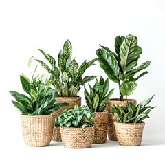 A beautiful arrangement of indoor plants in woven baskets. This image captures the freshness and vibrancy of greenery. Perfect for home decor inspiration. AI