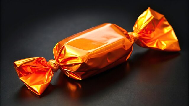 A shiny orange candy wrapper tied against a black background aerial view