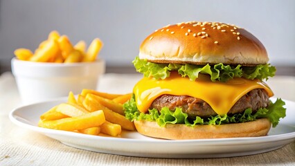 A simple hamburger with French fries and yellow sauce on a white plate