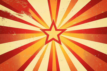 Dynamic retro poster design featuring a central star with vibrant rays of orange and red
