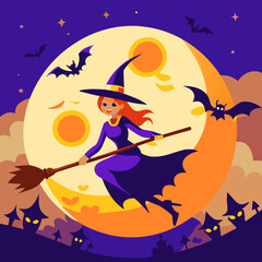 Halloween concept with witch flying on a broomstick against a full moon and bats. Scalable vector SVG illustration