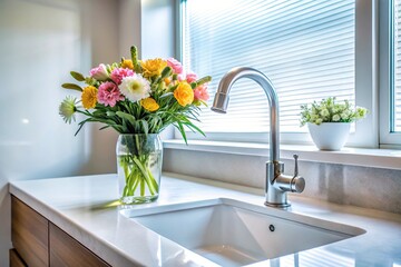 a sink with a faucet and a vase of flowers