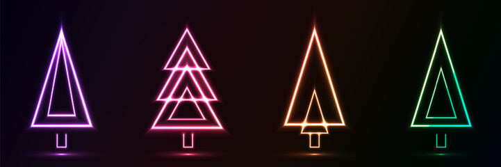 Set of glowing neon christmas tree shape with wavy dynamic lines on black background technology concept. Light elements for badges, price tag, label cards, logo design, christmas.
