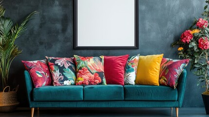 A stylish sofa with bold, vibrant cushions, fresh flowers, and a blank poster frame on the wall. The room feels cheerful and modern, perfect for mockups or design ideas.