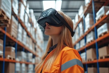 Warehouse managers talking logistics using VR, controlling stock levels. Virtual reality in inventory management. Smart glasses guiding female manager, Generative AI