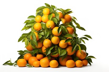 Orange tree with green leaves and ripe orange fruits on white background