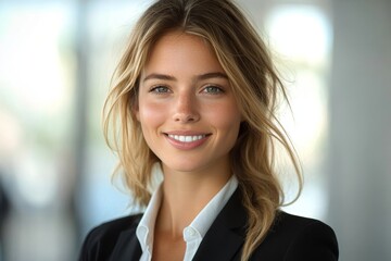 Fototapeta premium Smiling business woman with black jacket and white shirt, Generative AI