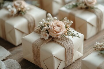 High angle view of wedding gift wrapped in eco paper papckaging and flower decoration, Generative AI