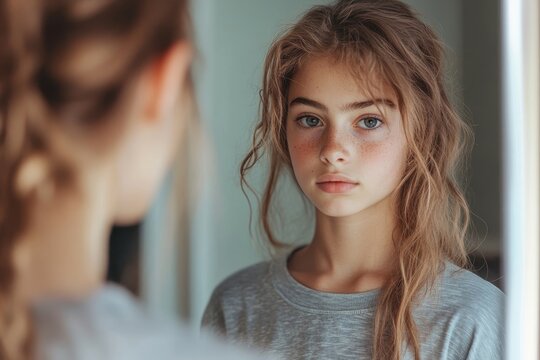 Young teenage girl looking in the mirror in her room, Generative AI