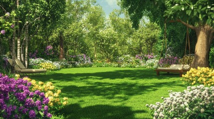 Obraz premium Beautiful green garden with blooming flowers in white, purple, and yellow, surrounded by trees of various sizes. Lounge chairs and a swing add to the relaxing atmosphere.