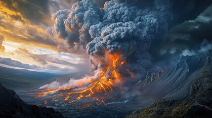 An awe-inspiring volcanic eruption unfolds as lava flows down the slopes, surrounded by dark clouds and towering mountains under a vibrant sunset