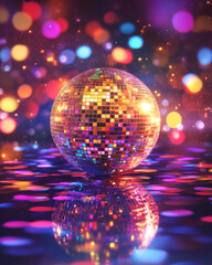 Vibrant disco ball reflecting colorful lights on a dance floor, creating an energetic atmosphere