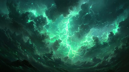 Fototapeta premium A powerful green lightning strike pierces through dark, stormy clouds, creating a dramatic and awe-inspiring spectacle.