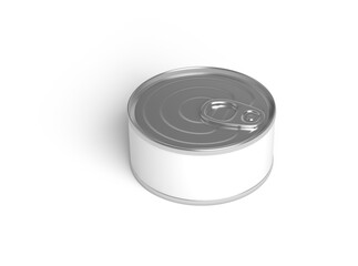 food tin Can with blank white label isolated on white, Tin can, fish or pet food mockup with pull ring, open key, Aluminium preserve canister. 3d illustration, 3d rendering