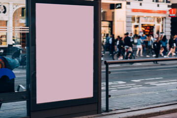 Public transport station billboard with blank copy space screen for advertising text message,promotional content, empty mock up Lightbox for information, stop clear poster display in urban city street