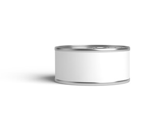 food tin Can with blank white label isolated on white, Tin can, fish or pet food mockup with pull ring, open key, Aluminium preserve canister. 3d illustration, 3d rendering