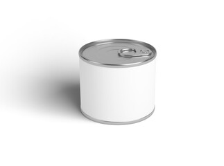 food tin Can with blank white label isolated on white, Tin can, fish or pet food mockup with pull ring, open key, Aluminium preserve canister. 3d illustration, 3d rendering