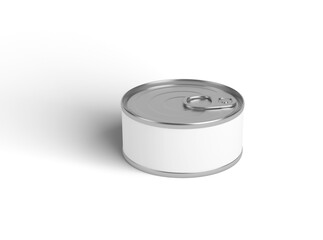 food tin Can with blank white label isolated on white, Tin can, fish or pet food mockup with pull ring, open key, Aluminium preserve canister. 3d illustration, 3d rendering