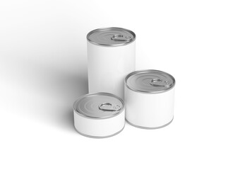 food tin Can with blank white label isolated on white, Tin can, fish or pet food mockup with pull ring, open key, Aluminium preserve canister. 3d illustration, 3d rendering