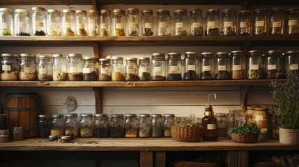 An intimate apothecary setting, with shelves lined with glass jars containing various herbs and tinctures. The warm, ambient lighting and wooden