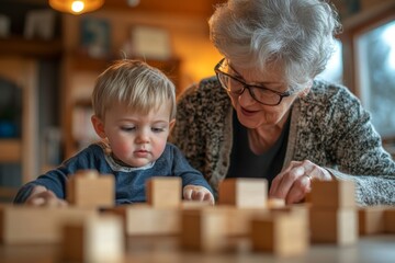 Grandmother playing with her little grandson,building a block set, Generative AI