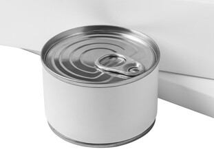 food tin Can with blank white label isolated on white, Tin can, fish or pet food mockup with pull ring, open key, Aluminium preserve canister. 3d illustration, 3d rendering