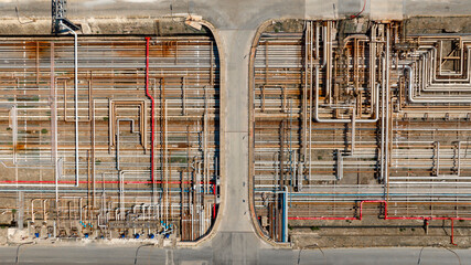 Perpendicular aerial view of pipes in a large industry.