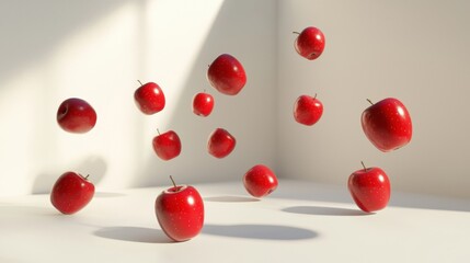 Red apples floating in sunlight