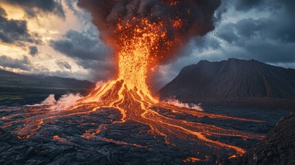 A powerful volcanic eruption unfolds at dusk, with bright lava flowing down the slopes and ash clouds billowing into the twilight sky, creating a dramatic natural spectacle