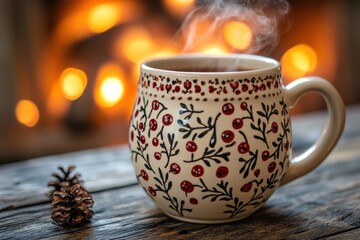 Fototapeta premium A warm cup of steaming beverage rests on a rustic wooden table with a cozy fireplace background