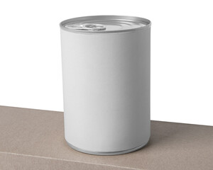 food tin Can with blank white label isolated on white, Tin can, fish or pet food mockup with pull ring, open key, Aluminium preserve canister. 3d illustration, 3d rendering
