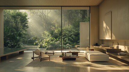 Fototapeta premium Minimalist living room with low-profile furniture, a neutral color palette, and a large floor-to-ceiling window overlooking a lush outdoor garden.