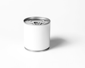 food tin Can with blank white label isolated on white, Tin can, fish or pet food mockup with pull ring, open key, Aluminium preserve canister. 3d illustration, 3d rendering