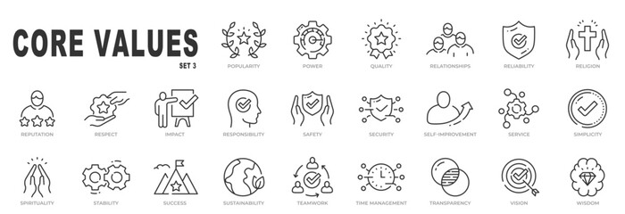 Set of core values related icons. Power, quality, stability, teamwork etc. Editable stroke. Set 3