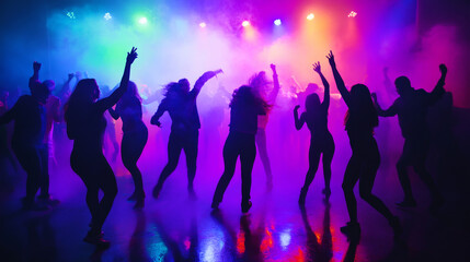 Energetic nightlife with colorful lights and lively dancing at a vibrant club