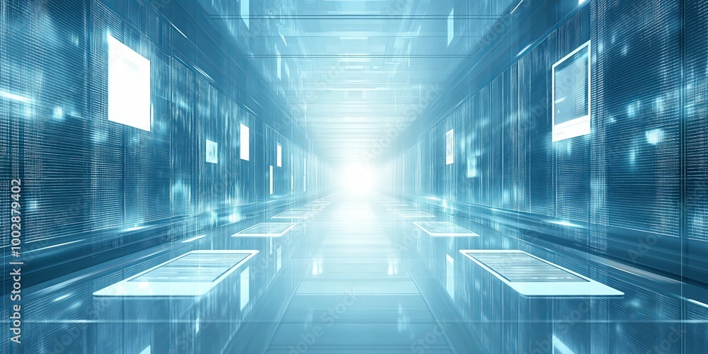Poster Futuristic data center hallway with glowing digital panels and virtual networks, symbolizing advanced technology, data flow, and the future of cyber infrastructure and communication, Generative AI