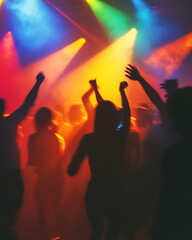 Dynamic nightlife energy with dancers illuminated by vibrant lights at a nightclub