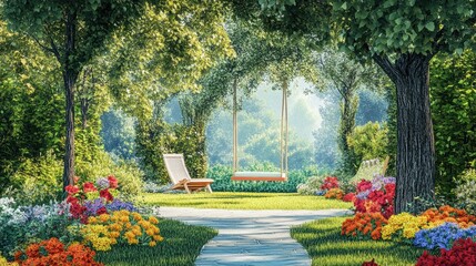 Obraz premium Garden scene with tall trees, colorful flower beds, and lounge chairs positioned for relaxation. A charming swing hangs under a large tree, surrounded by nature beauty.
