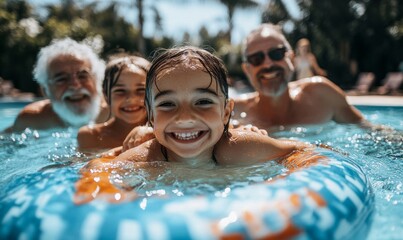 Multi generation family having garden party celebration, toasting and laughing, Generative AI