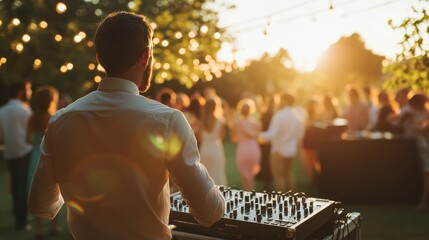 Naklejka premium A DJ performs at a lively outdoor event during sunset, with guests enjoying the atmosphere.